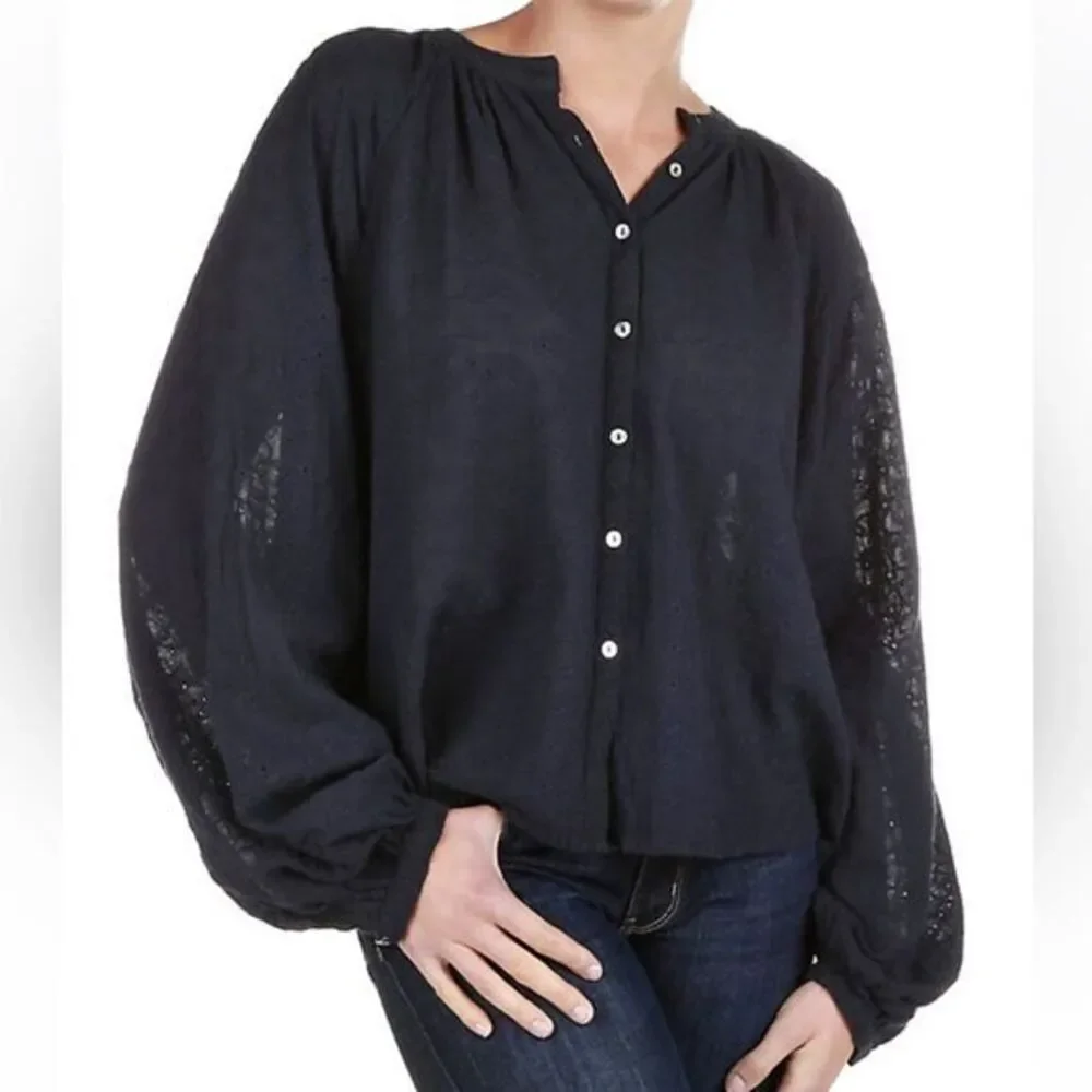 Free People Floral Embroidered Eyelet Oversized Blouse, Navy Blue